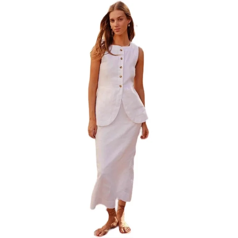 LUXURY Linen Suit Women\'s A-line Skirt Niche Cotton Linen Sleeveless Shirt Simple and Relaxed 2024 Autumn and Winter New