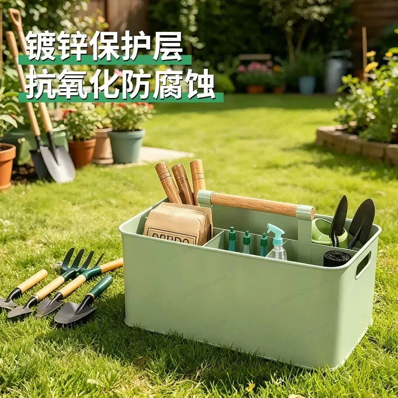 Gardening Tool Set with Basket, Featuring A Sturdy Stainless Steel Toolbox with Wooden Handles and A Four-compartment Storage