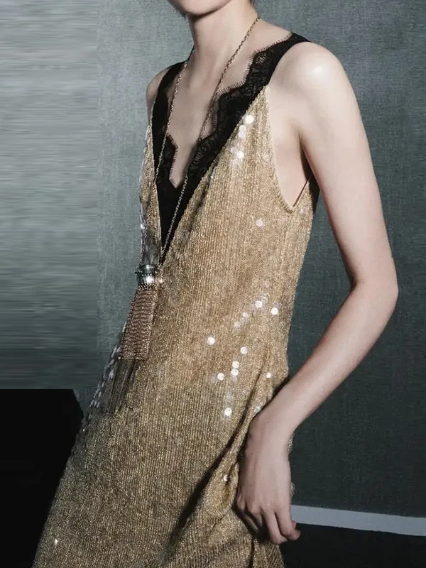 

Элегантное вечернее платье с блестками, женское новое 2026, летнее однотонное длинное платье с открытой спиной, кружевное сексуальное платье без рукавов с глубоким V-образным вырезом