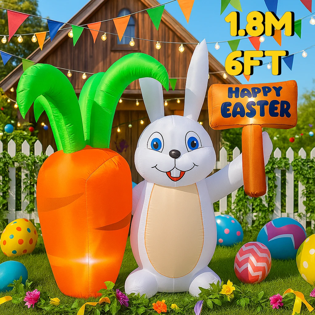 6FT Happy Easter Inflatable Rabbit with Carrot Road Signs Decor Glowing LED Lighted Airblown Yard Ornament  Holiday Decorations