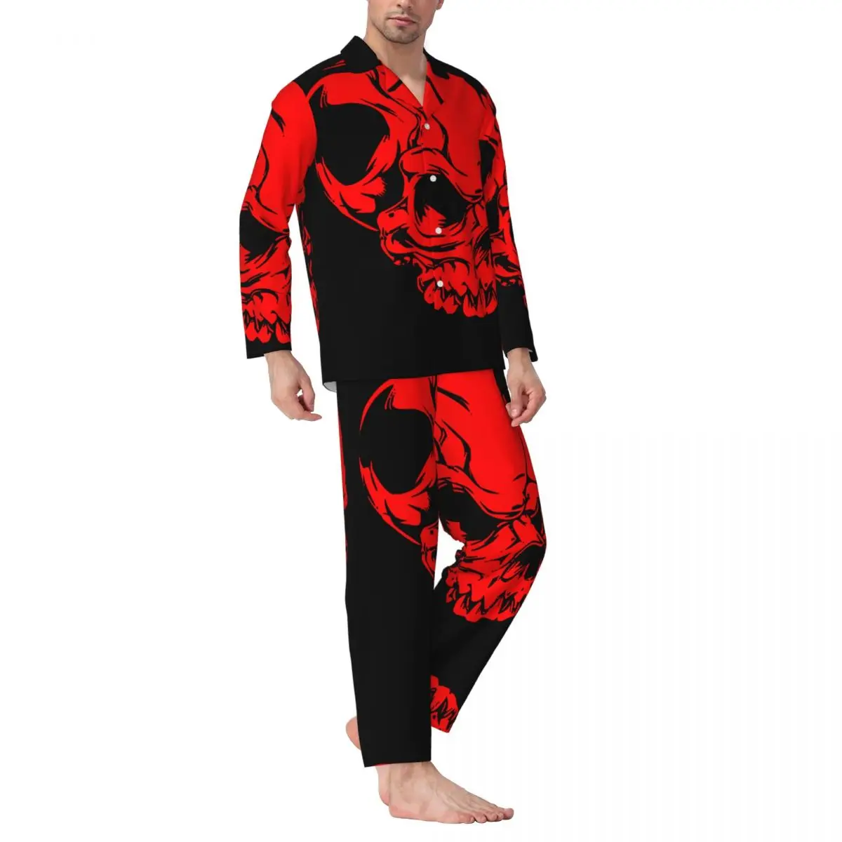 Conjunto de pijamas para hombre de otoño invierno de manga larga con calavera roja ropa de casa ropa de dormir 2 unids/set