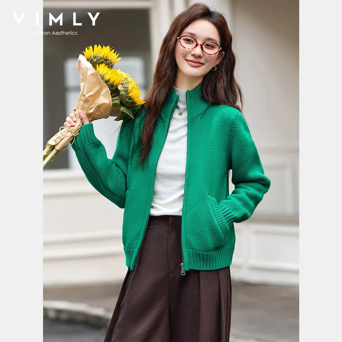 Vimly cardigan de malha feminino outono 2025 casual zip up gola alta manga longa jumpers elegante bolso solto senhora suéteres 75185