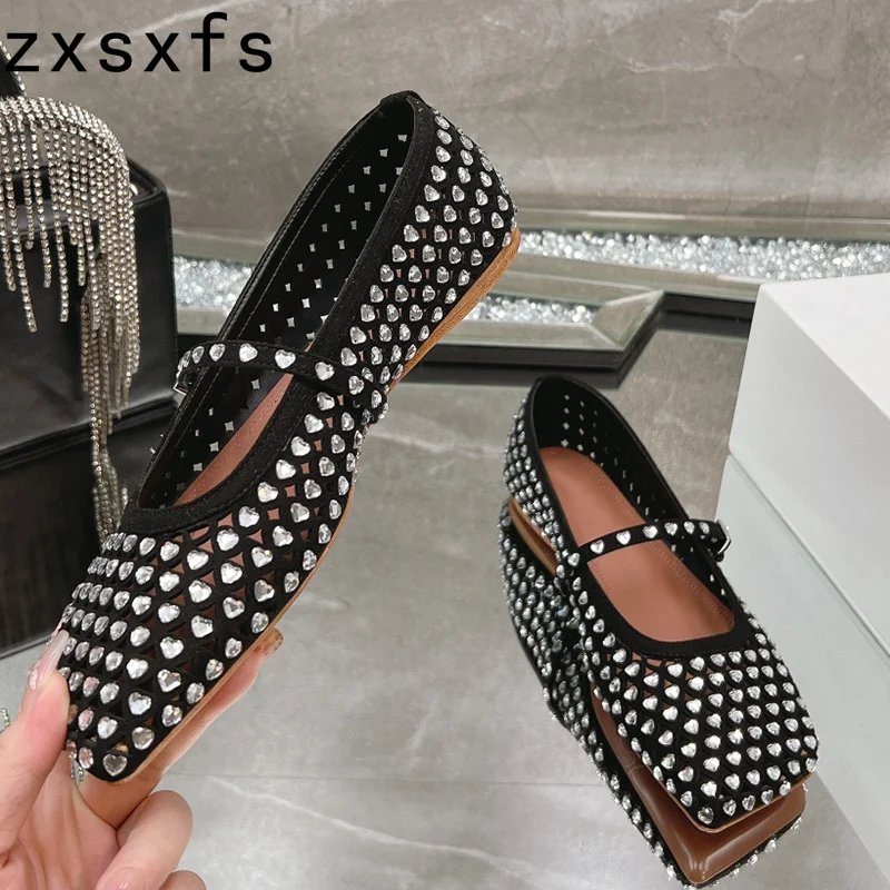 

Designer Crystal Studded Women's Shoes Summer Hollw out Flat Loafers Square Toe Casual Mary Jane Shoes Woman Mules 2024