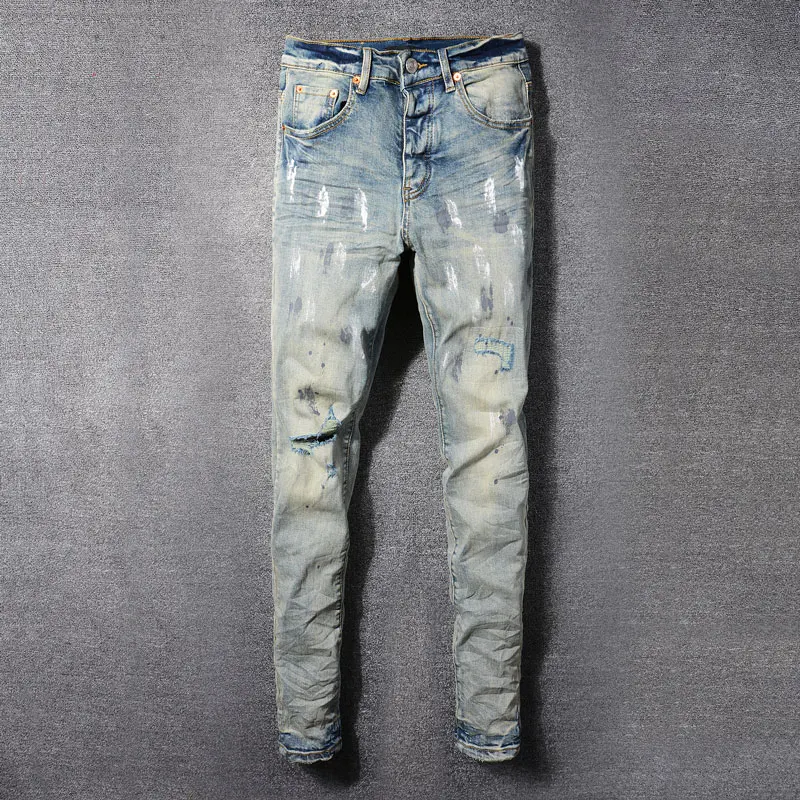 Street Fashion Mannen Jeans Hoge Kwaliteit Retro Gewassen Blauwe Stretch Skinny Fit Gescheurde Jeans Heren Geschilderde Designer Hiphop Merk Broek