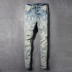 Jeans da uomo di moda di strada di alta qualità retrò lavato blu Stretch Skinny Fit Jeans strappati da uomo pantaloni di marca Hip Hop firmati dipinti