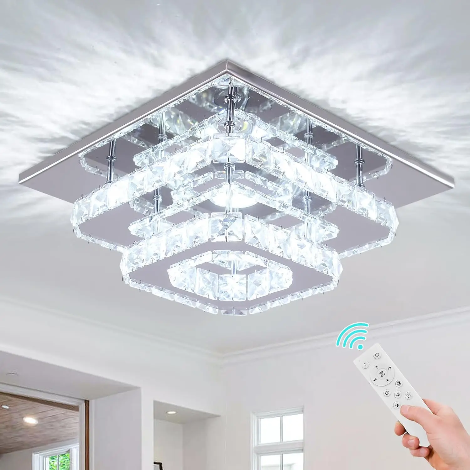 

Dimmable Crystal Chandelier Ceiling Light with Remote Square Led Flush Mount Small Chandelier for Dining Room Kitchen Wedding Ha