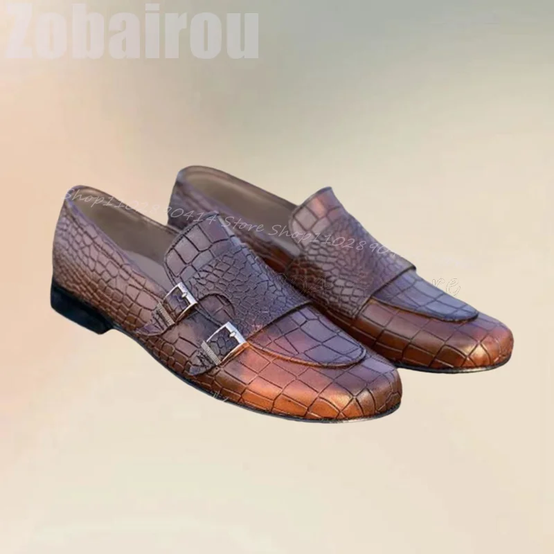 

Brown Alligator Print Buckle Decor Double Monk Loafers Fashion Slip On Men Shoes Luxury Handmade Party Banquet Men Dress Shoes