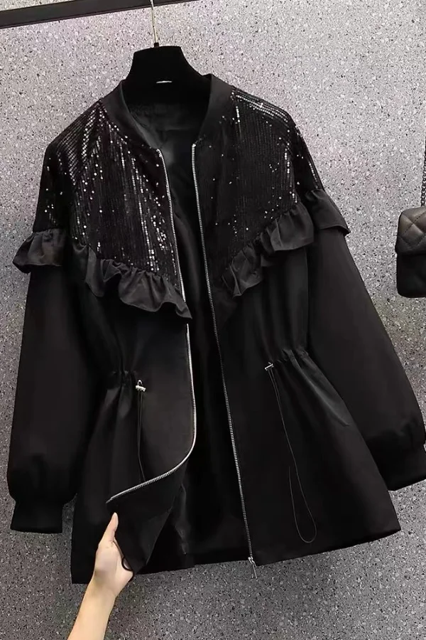 

2025 Spring Autumn Fashion Ruffle Trim Sequin Jacket for Women Trendy Casual Early Fall Waist Cinching Coat Stylish Outerwear