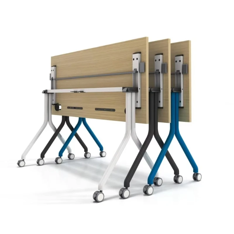 Modern Wood Mobile Training Table with Stainless Steel Wheels Folding & Flip Function Easy Assembly
