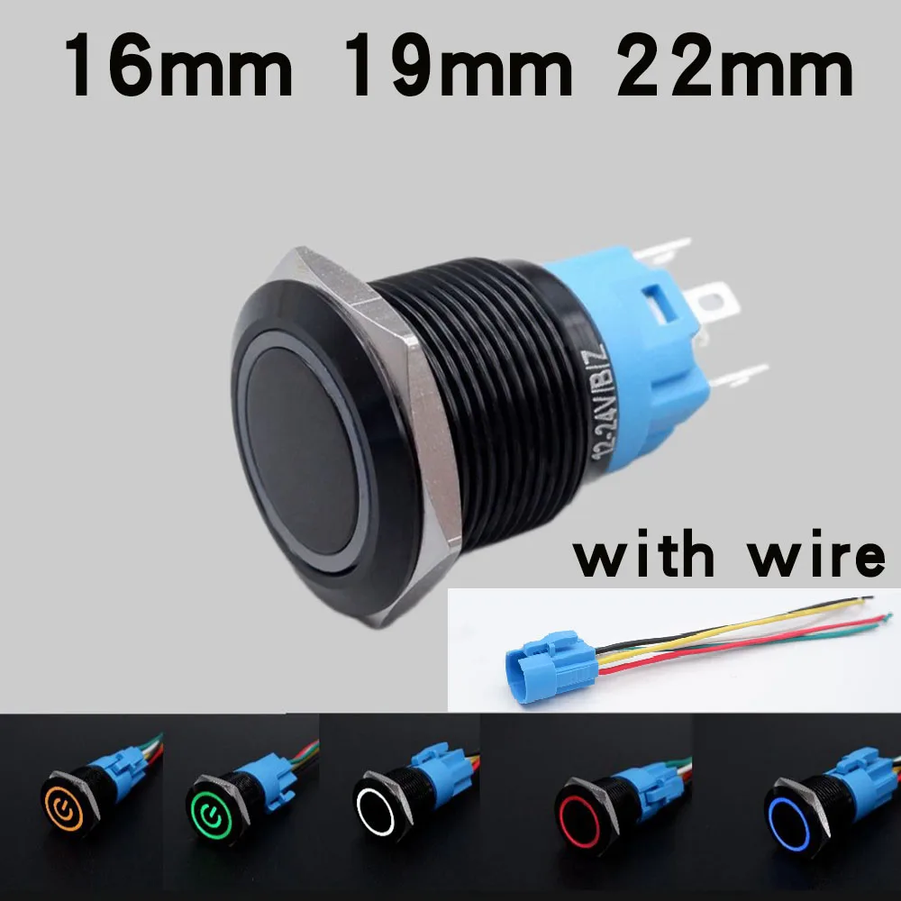 16mm 19mm 22mm Metal Illuminated Black Push Button Switch Led Light 12v 5v 220v Momentary Latching Waterproof  Power Flat Head