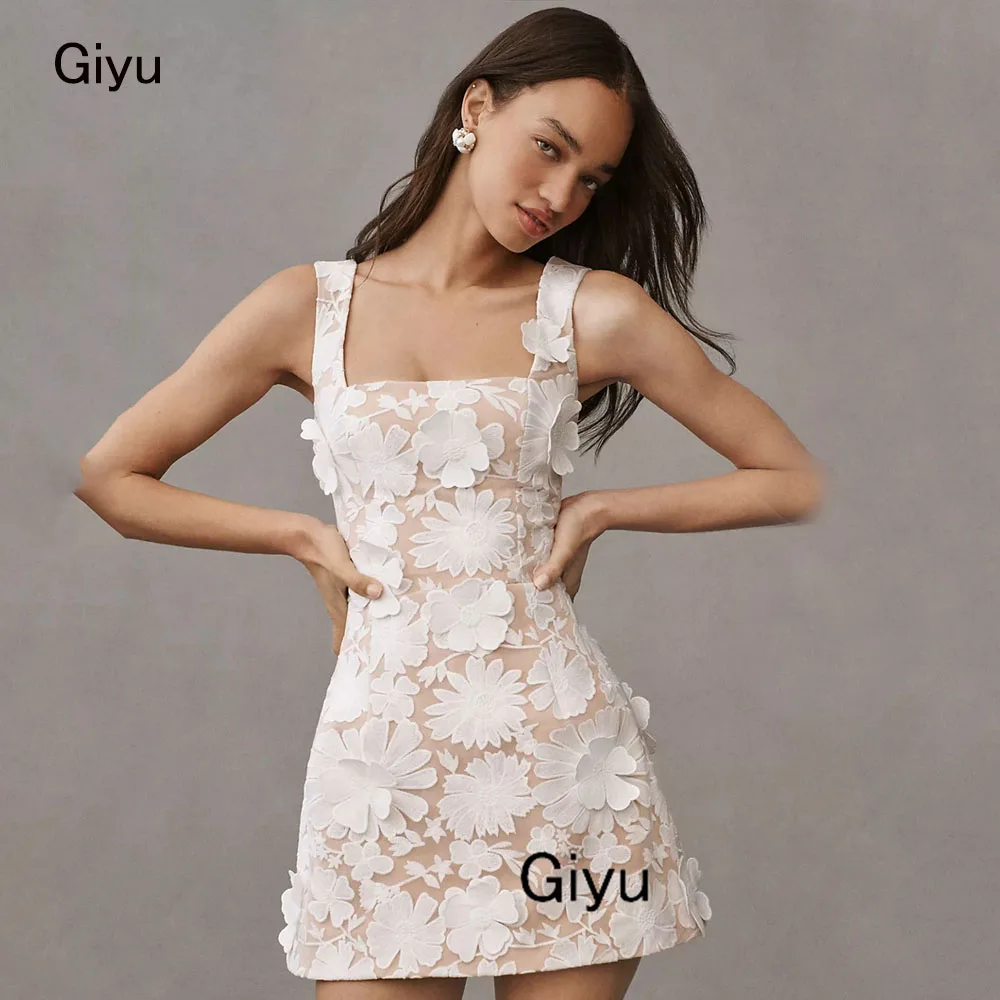 Giyu Straight Lace Followers Mini Wedding Dress 2024 Square Collar Short-length Above The Knee Birthday Party Dress Summer Dress