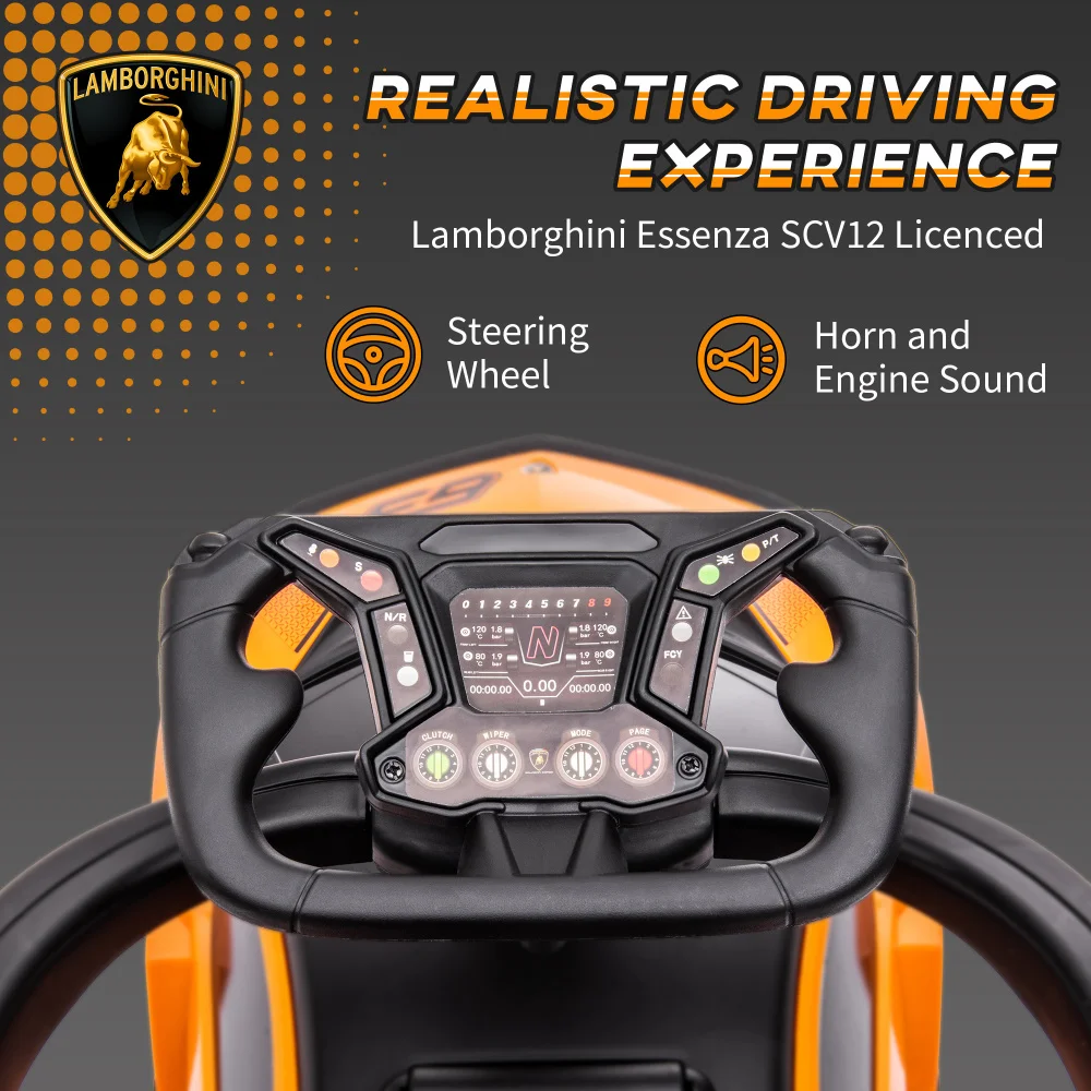 Aosom 2 en 1 con licencia Lamborghini Ride On Push Car Toddlers1-3, almacenamiento/cuerno/sonido del motor, naranja