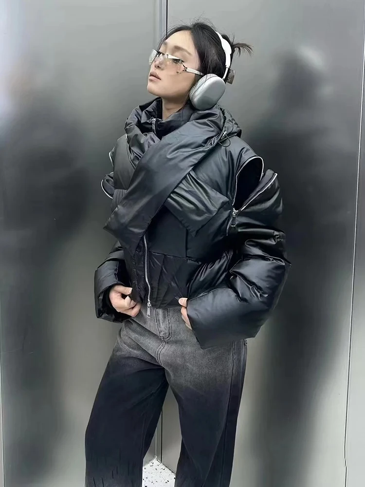 Chaqueta corta de plumón con capucha desmontable para mujer, Chaqueta de algodón con plumón de pato blanco, manga con cremallera desmontable, prendas de vestir cálidas Parker