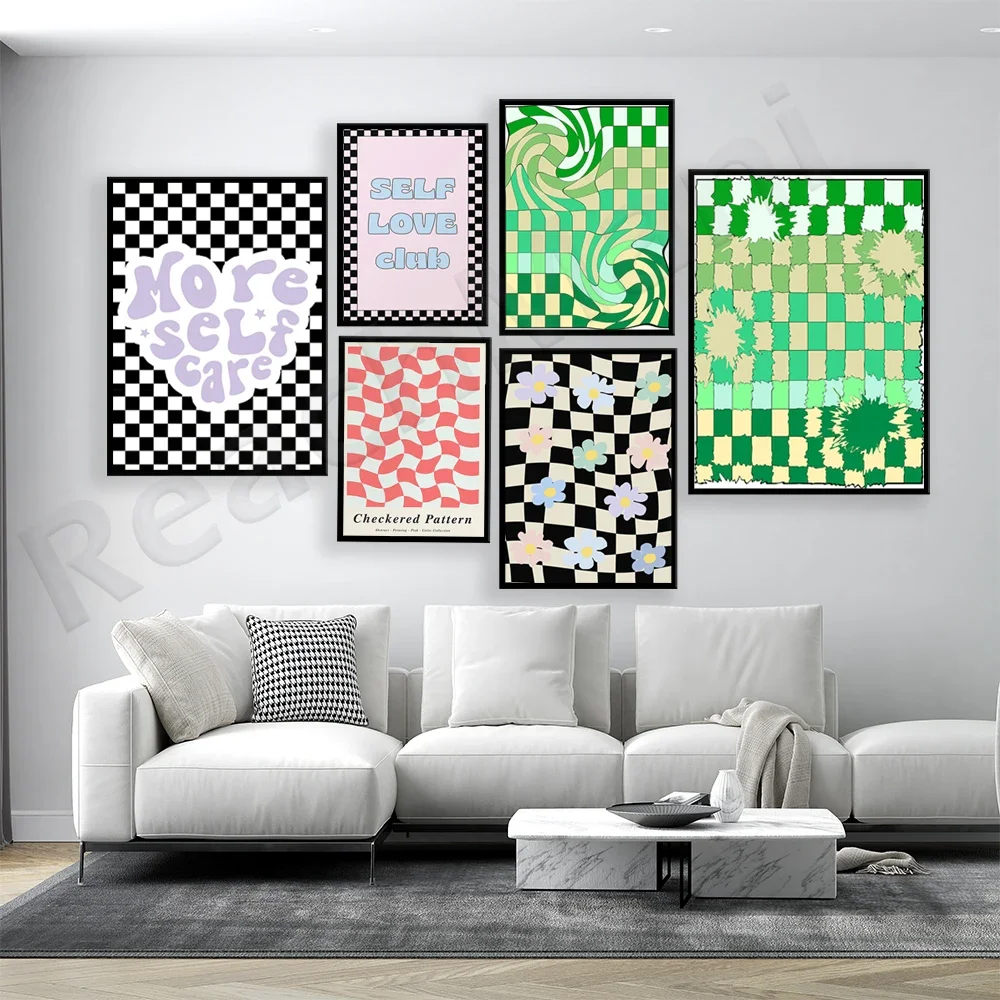 Wavy grid pattern, pastel checkerboard, checkered, grid, wavy lines, trendy checkered danish pastel aesthetic floral poster