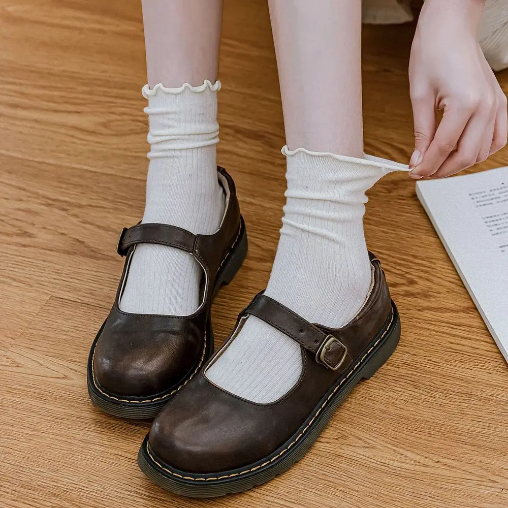 Calcetines informales Harajuku con volantes y punta abierta para mujer, medias de algodón con dos dedos, calcetines de tubo medio, medias con dos dedos