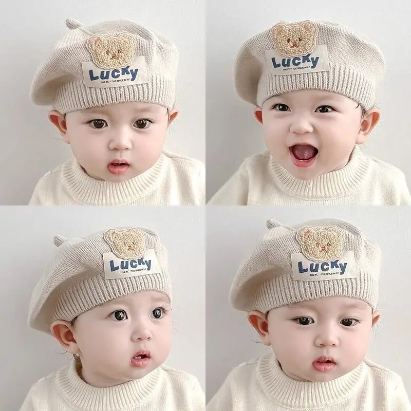 

Children's Beret Baby Girl Hat Autumn and Winter Korean Version Bear Baby Boy Knitted Wool Painter Hat Tide