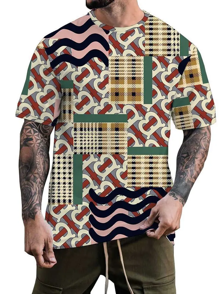 Quick Dry Patchwork Printed Casual Men's T-Shirt Polyester Fiber Short Sleeve round Neck mid Length Fashionable Summer T-Shirt
