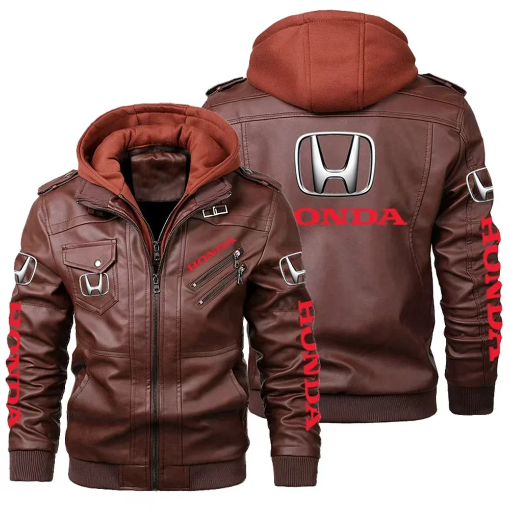 Men's Honda Racing Classic Working Bomber Jacket, Zipper Design Leather Jacket, Windproof Leather Jacket For Street Motorcycle