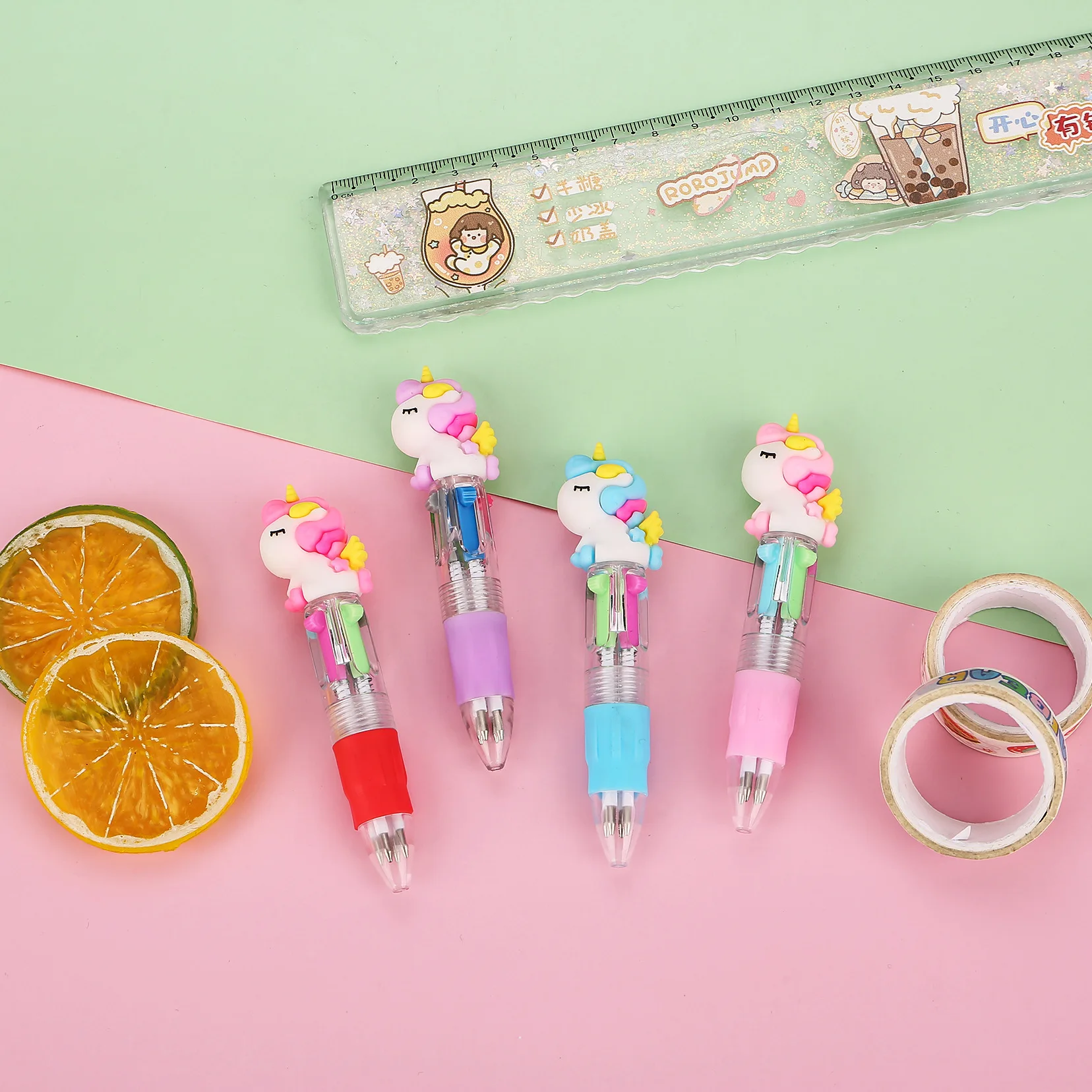 10 stks/partij Leuke Cartoon Eenhoorn Serie 4 Kleuren Balpennen Kawaii Mini Vier Kleur Potlood Pen School Kantoorbenodigdheden Geschenken