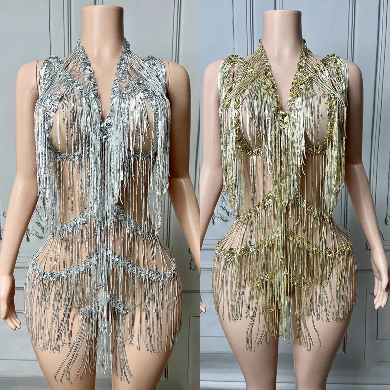 

Diamond party outfit Rhinestones Fringed Bodysuit Women Party Pole Dancer Costume Bar DJ Stage Rave Outfit Performance Wear