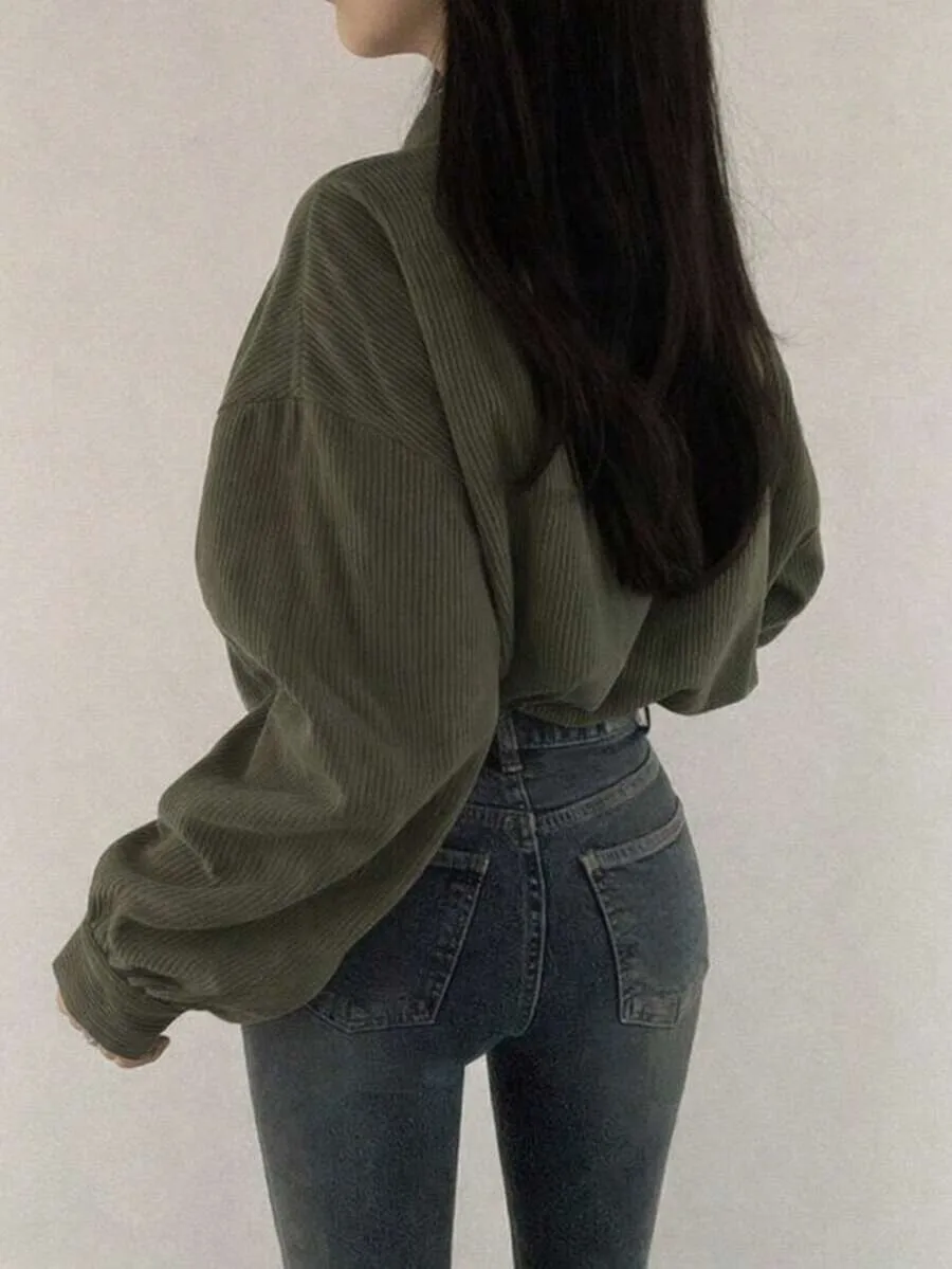 Retro Corduroy Jacket Solid Color Simple Loose Autumn Winter Commuting Style Long Sleeved Single Breasted Lapel Women's Clothing