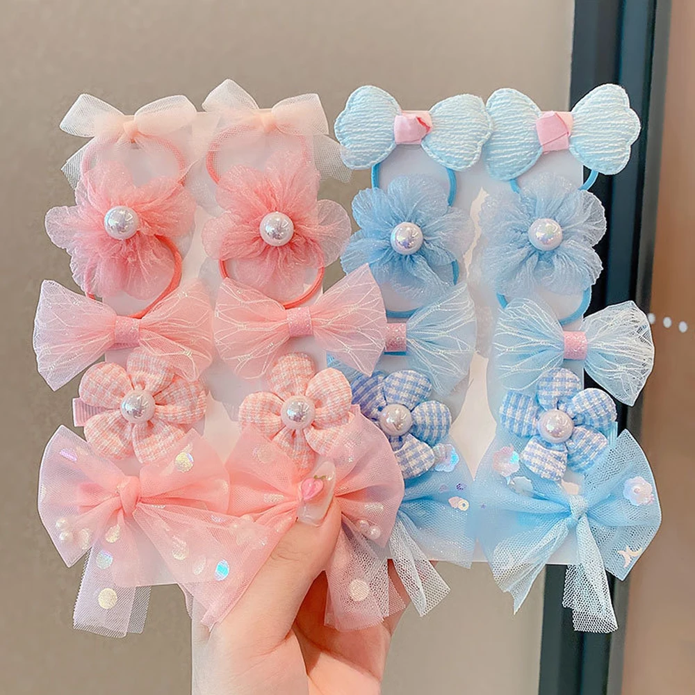 10pcs Children Bowknot Hair Clips Flower Hair Rope Set Elastic Ponytail Holder Rubber Band Toddle Girl Cute Side Bangs Barrettes