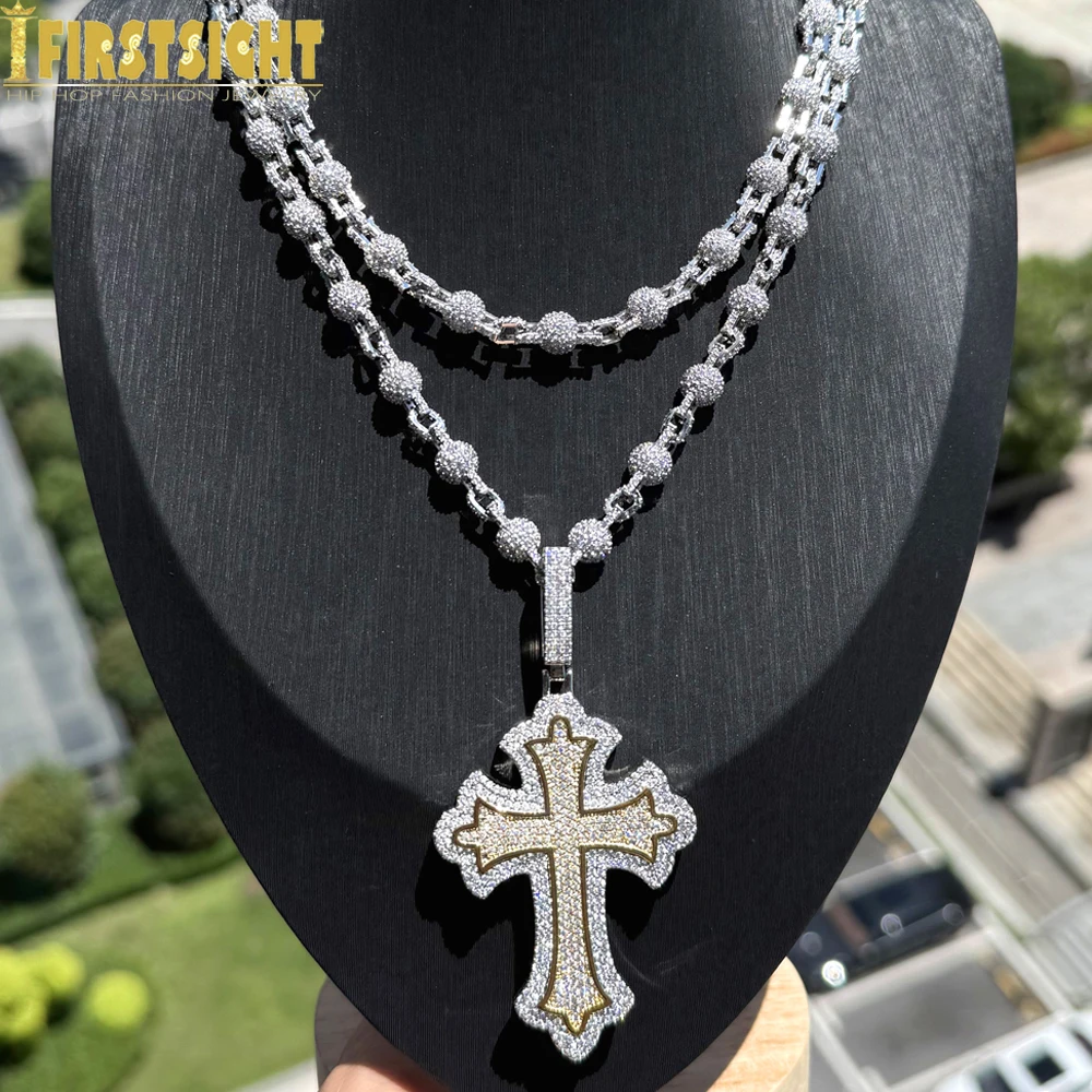 

Новый Iced Out Bling двухцветный крест кулон твердый 7 мм круглый бисер ожерелье хип-хоп полный кубический цирконий мужские рок-ювелирные изделия
