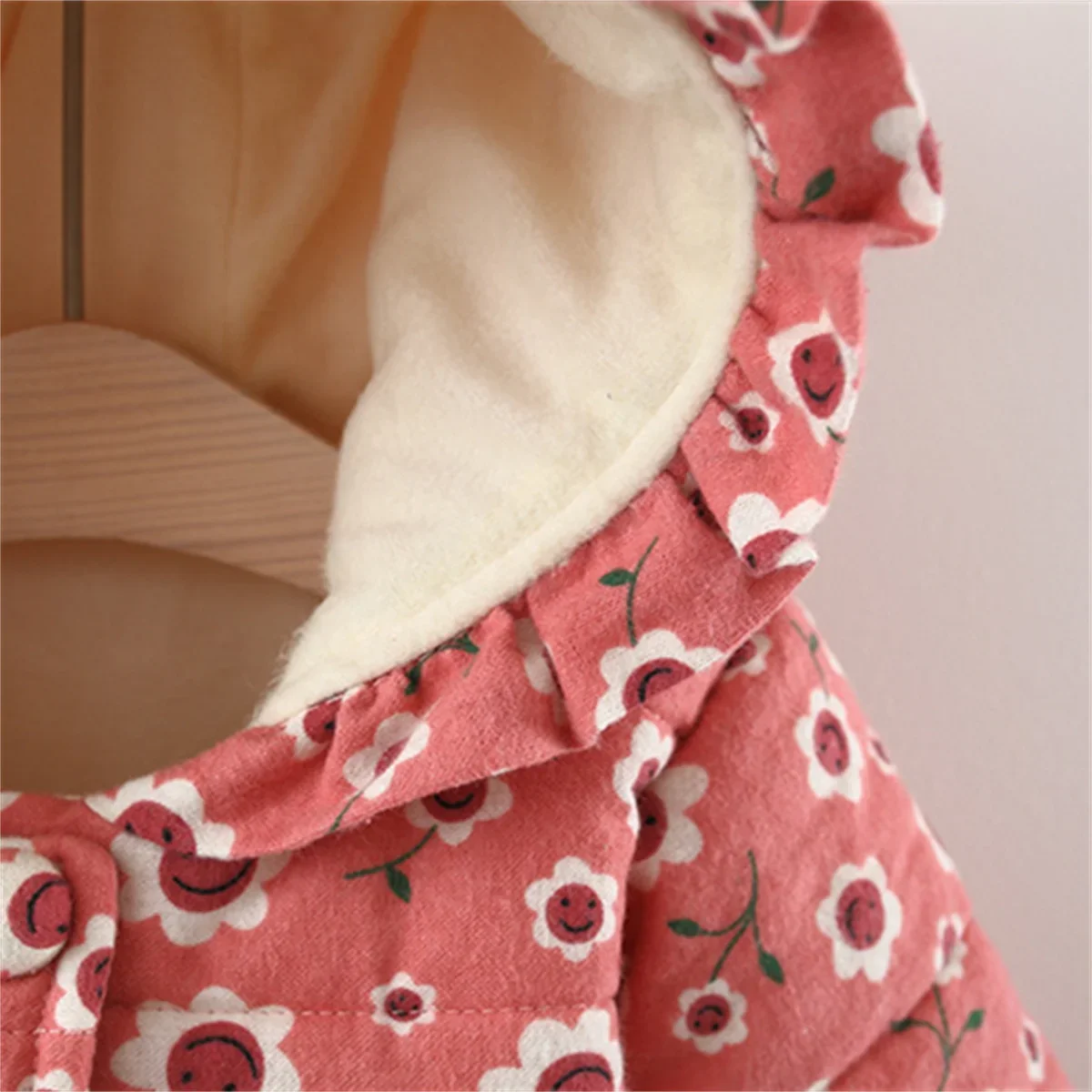 Winter Girl Cotton Coat Small Flower Love Bow Pocket Rabbit Ear Hooded Button Long Sleeve Plush Thickened Coat