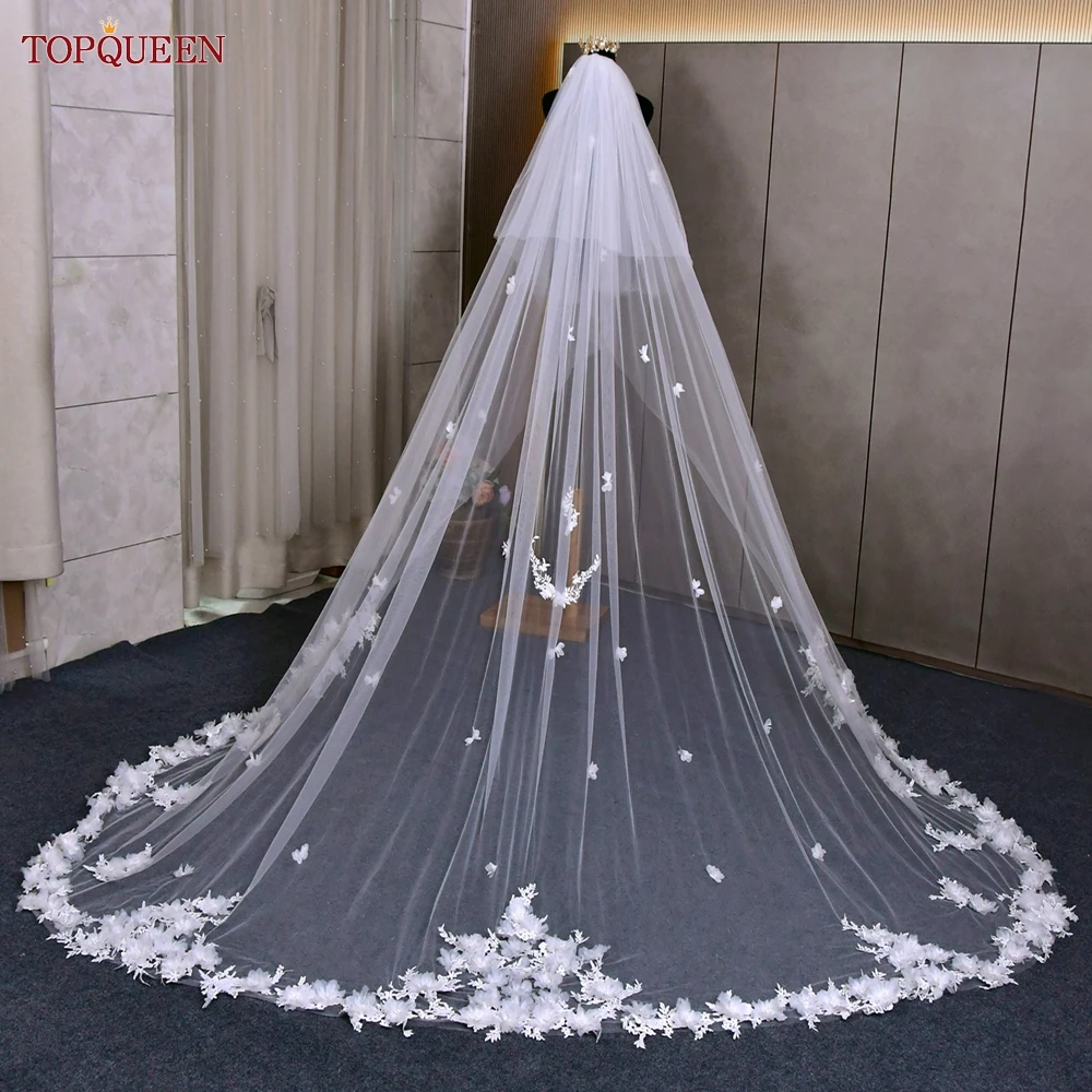

TOPQUEEN V150 Luxury 2 Floral Wedding Veil Bridal Veil Cathedral Wedding Veil 5m 3d Floral Lace Customizable With Comb