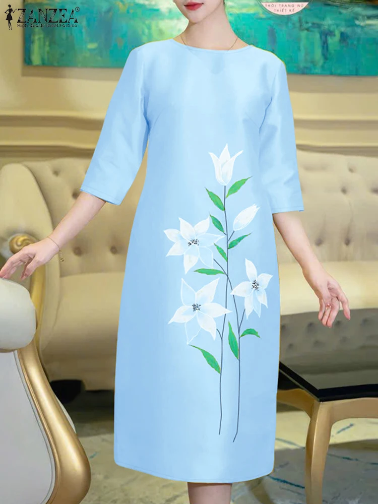 ZANZEA femmes Satin robe mi-longue 2025 automne décontracté ample col rond 3/4 manches impression florale Robes Femme élégant déplacements robes