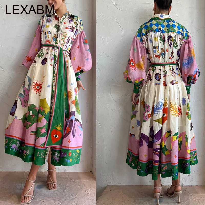 Vintage Print Lanter Sleeve Big Swing Long Dresses For Women Turn Collar Maxi Dress and Belt Vestidos Femme Party