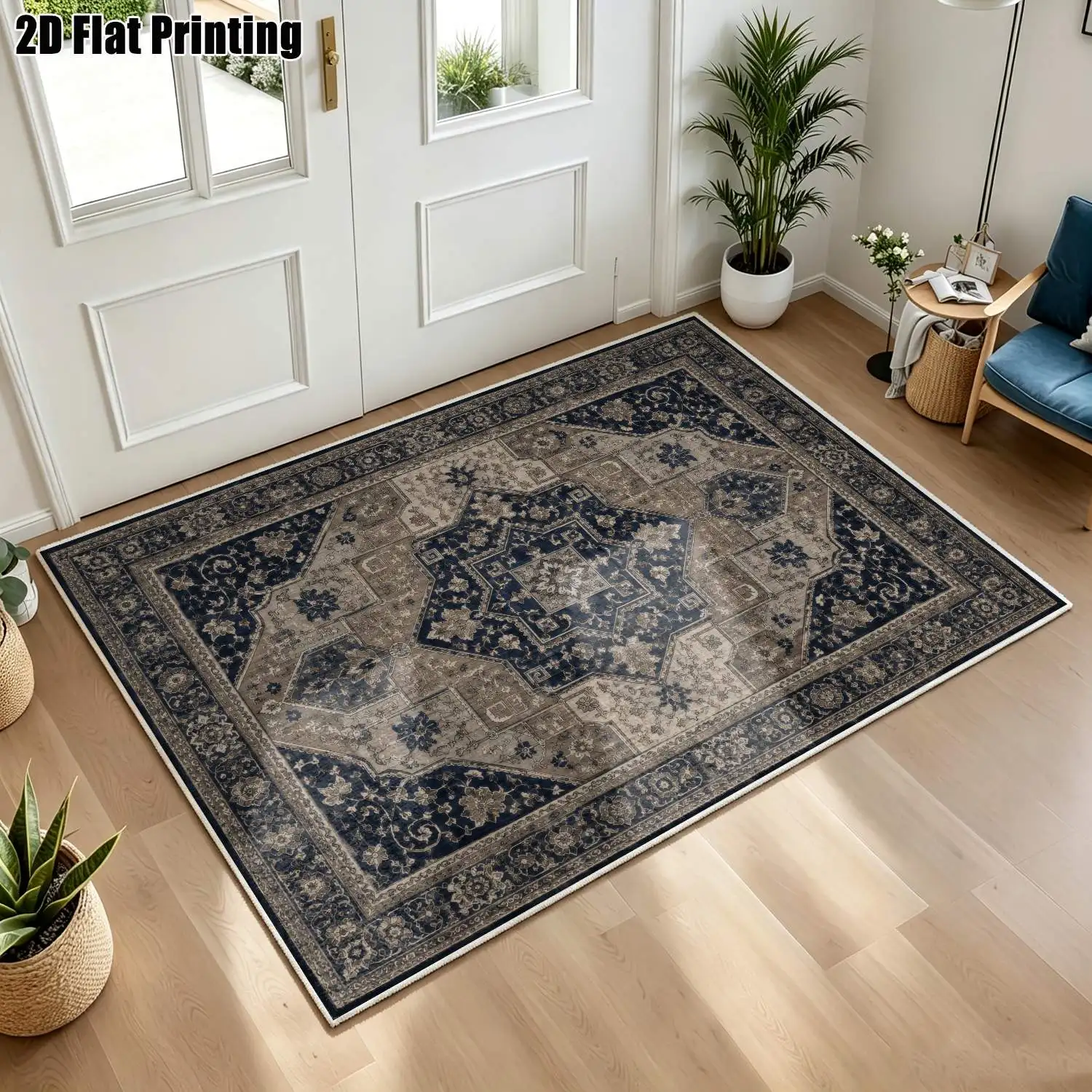 1Pc 2D Printed Blue-Grey Retro Floral Velvet Carpet, Machine Washable, Multi-Size for Home Decor