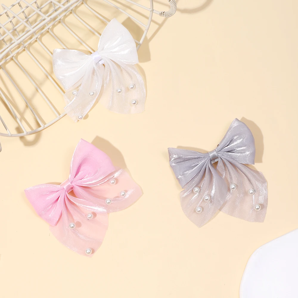 Solid Bow Children's Hairpins Mesh Pearl Bowknot Girl Hair Clips Fully Lined Princess Barrettes Handmade Baby Hair Accessories