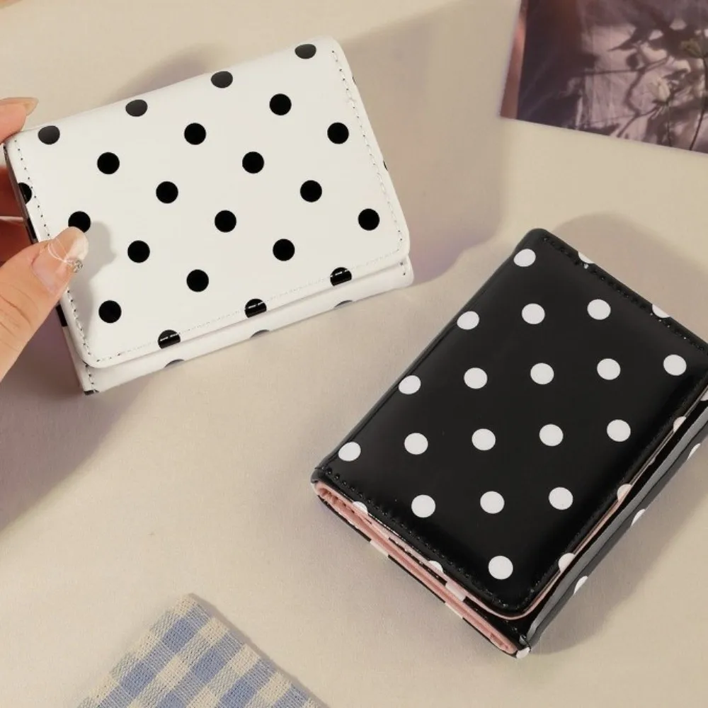 New Polka Dot Pattern Trifold Wallet Glossy PU Leather Multi-Pocket Coin Purse Credit Card Holder Women