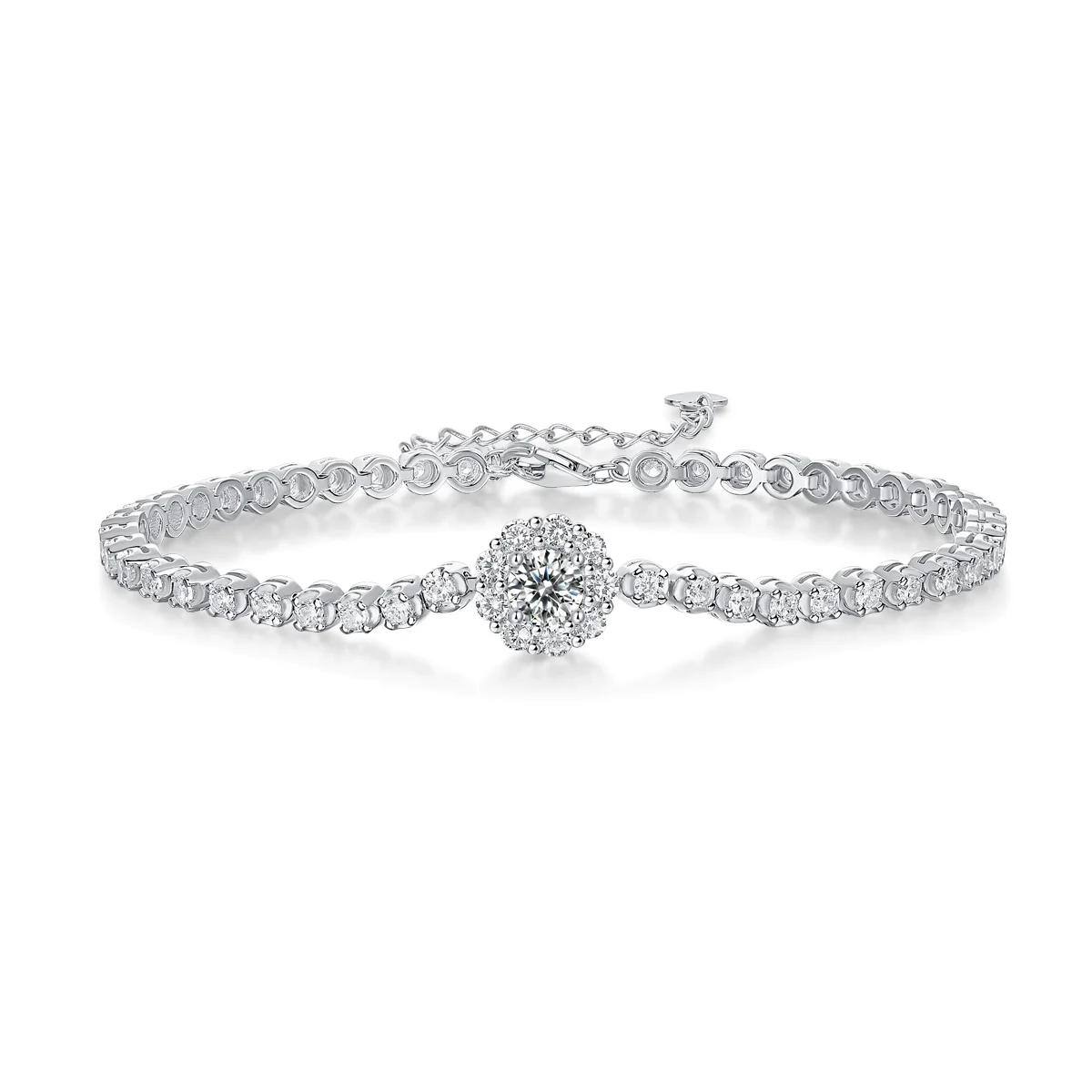 

Sparkling Moissanite Cluster Tennis Bracelet, 16.5cm Adjustable Extension Chain, D Color VVS1 Fine Jewelry