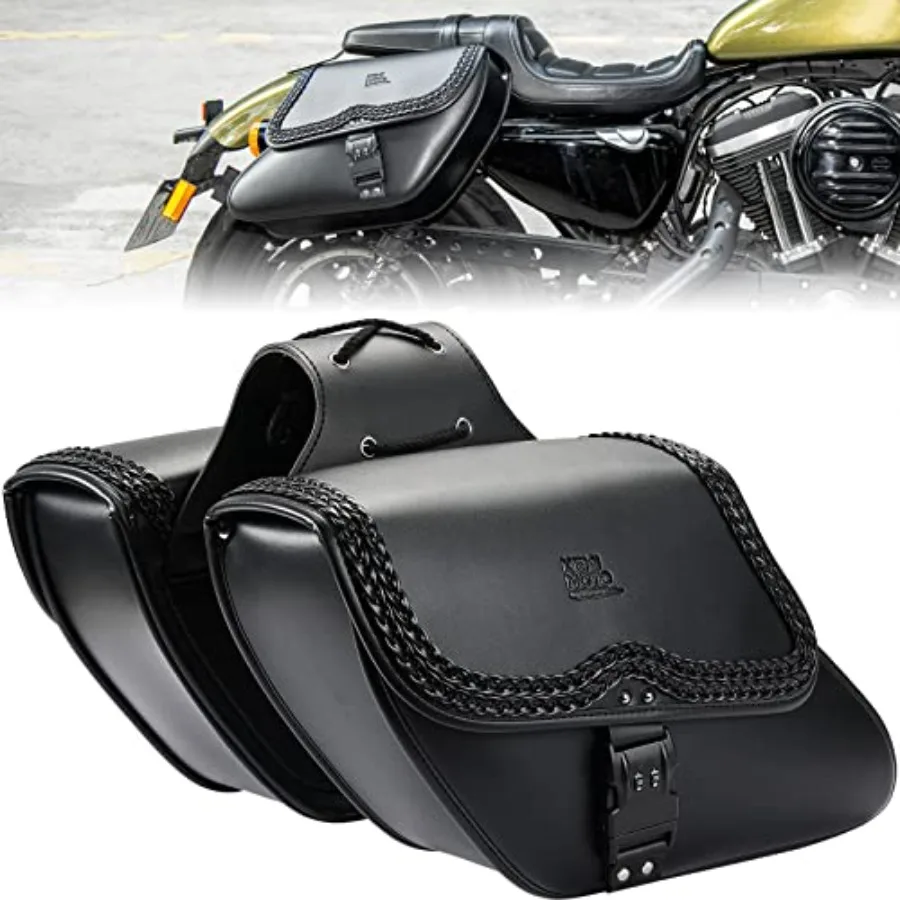 

Motorcycle Saddlebags Synthetic Leather Side Bag with Lock 28L Waterproof Double Strap Studded Slant Saddle Bags Designed for S