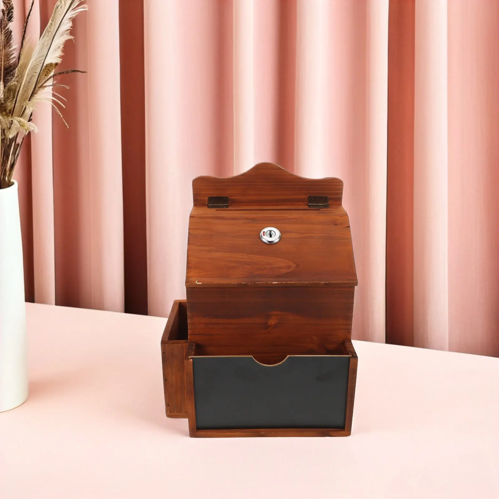 Vintage Wooden Suggestion Box Lockable Ballot Voting Holder Secure Donation Container for Church Office Fundraising Prayer