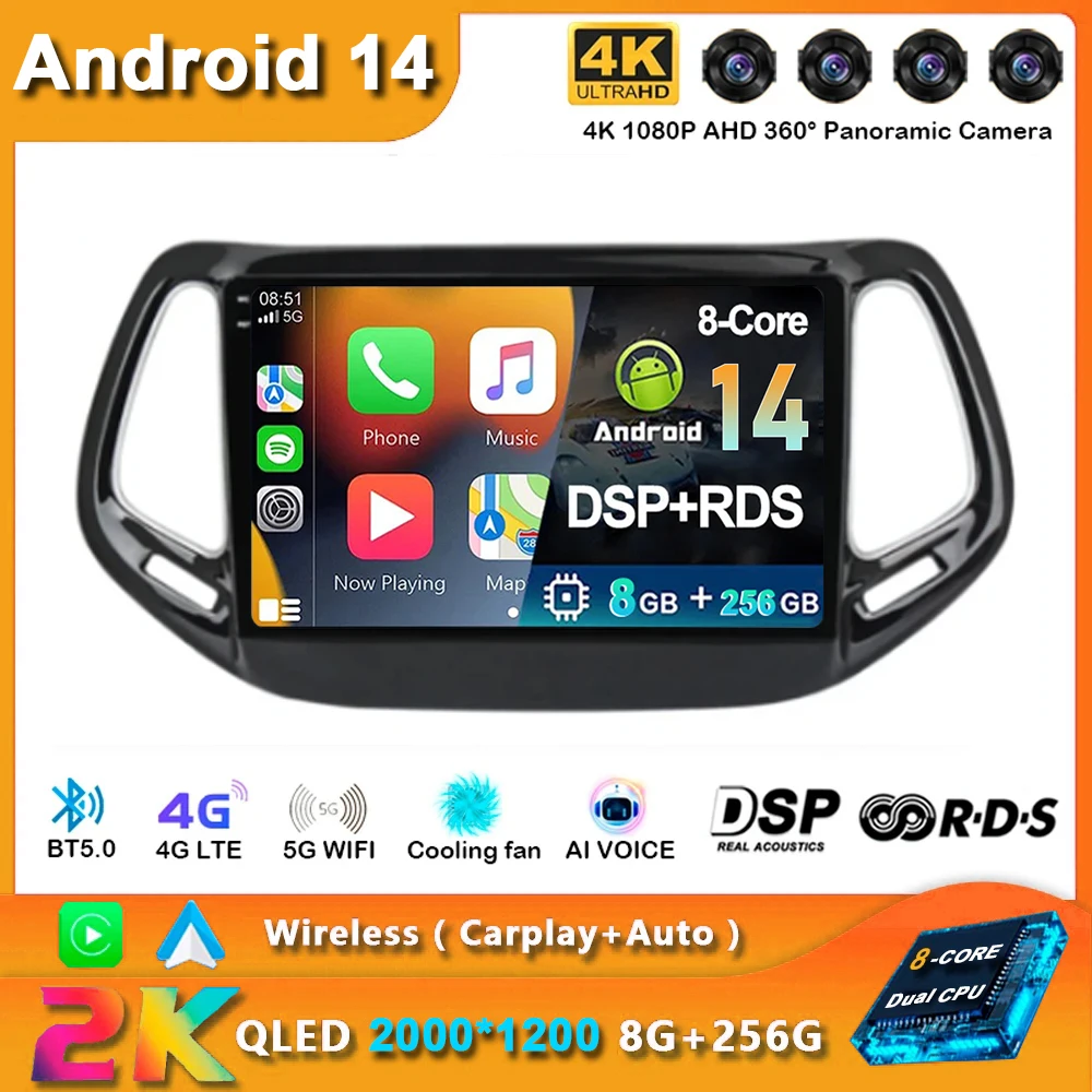 

Android 14 Car Radio For Jeep Compass 2 MP 2016 2017 2018 Navigation GPS Multimedia Player Stereo WiFi+4G Carplay video DSP