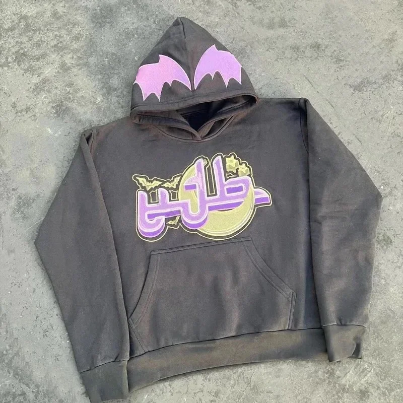 Harajuku Aesthetic Y2K Print Hoodies Wing Embroidery Loose Women Sweatshirt Hip Hop Punk Long Sleeve Pocket Men Streetwear Tops