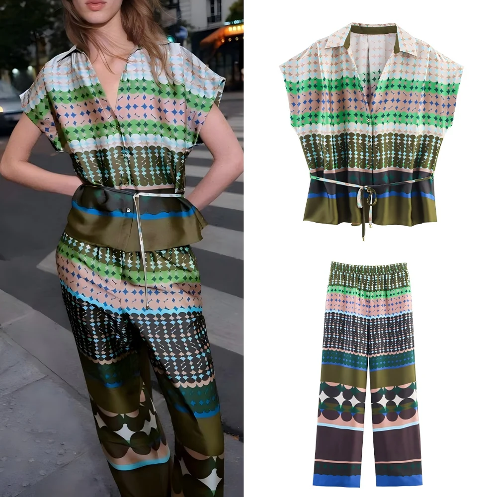 

Women's 2025 New Fashion With Belt Printed Satin Texture Shirt Retro Lapel Button-up Women's Shirt Chic Top+Pants Suit