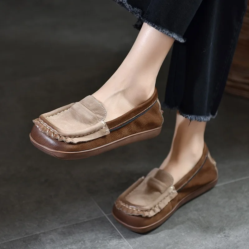 

Birkuir Genuine Leather Loafers Flats Shoes For Women Soft Soles Elegant Slip On Female Shoes Sewn Luxury Walking Boat Shoes