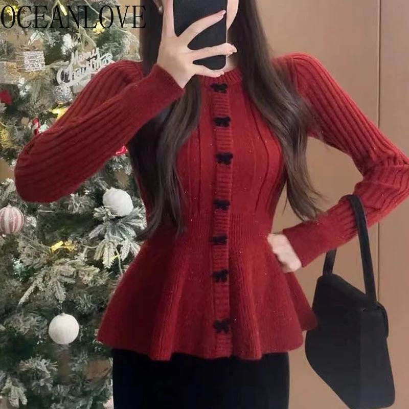 OCEANLOVE Ruffles Autumn Winter Clothes Women Sweaters Solid Korean Fashion Sweet Pull Femme Elegant Vintage Pullovers