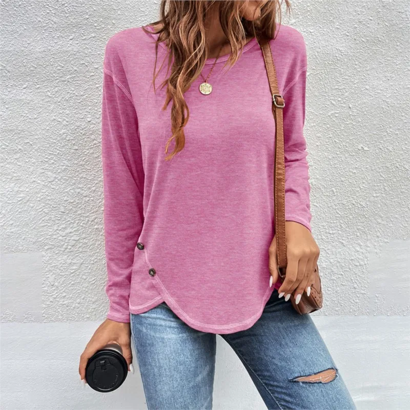 Autumn And Winter New Women\'s Button Irregular Long Sleeved T-shirt Solid Color Round Neck Loose Fitting Pullover  Woman Tops