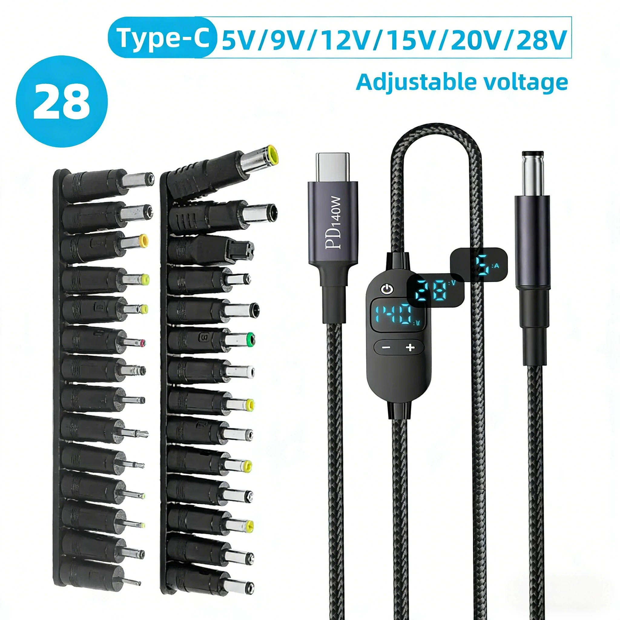 USB-C zu DC Stromverstärker-Kabel 140W Typ-C zu 5V 9V 12V 15V 20V 28V Einstellbarer Spannungsadapter Anschlusskabel für Laptop Router