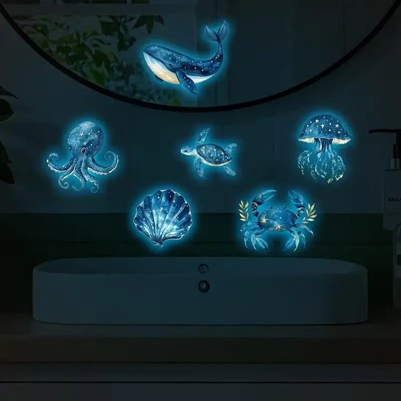 Glow in the Dark Marine Life Glass Stickers Luminous Toilet Wall Decals for Bathroom Home Decor Night Light Effect