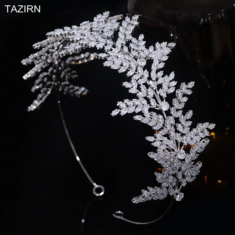 TAZIRN New 5A Cubic Zirconia Wedding Hairband for Bridal CZ Leaf Headband Birthday Party Sweet 16 Headpieces Jewelry Accessories