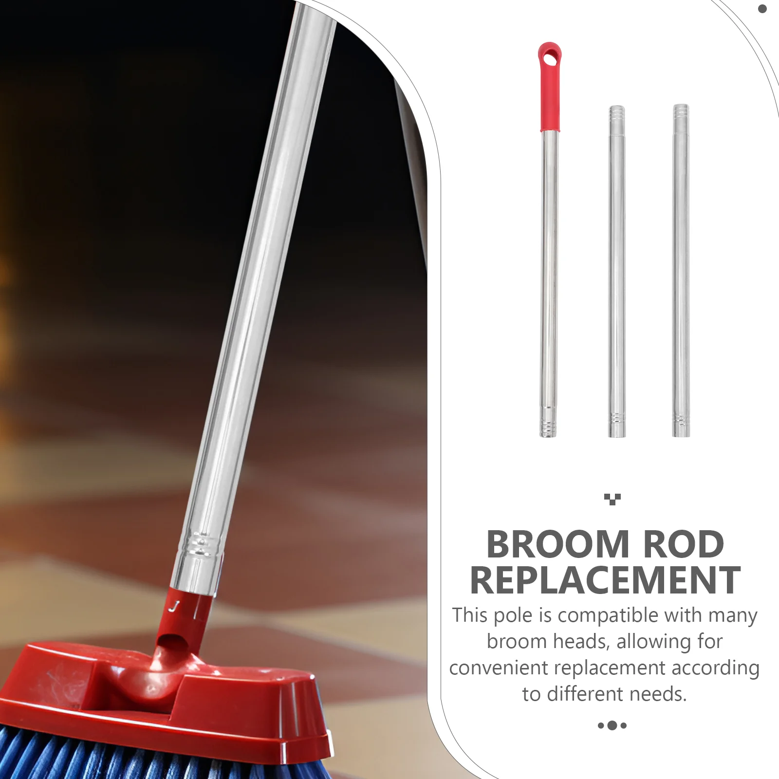 19cm Extendable Stainless Steel Broom Handle Replacement 3 Section Rod 105cm Metal Mop Stick for Floor