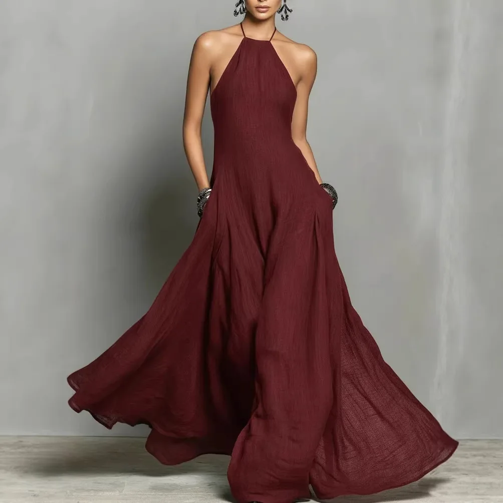New Summer Women Halter Lace-Up Party Dress, Holiday Sleeveless Patchwork Maxi Dress, 2026 Elegant Solid Backless Ladies Dresses - Image 5