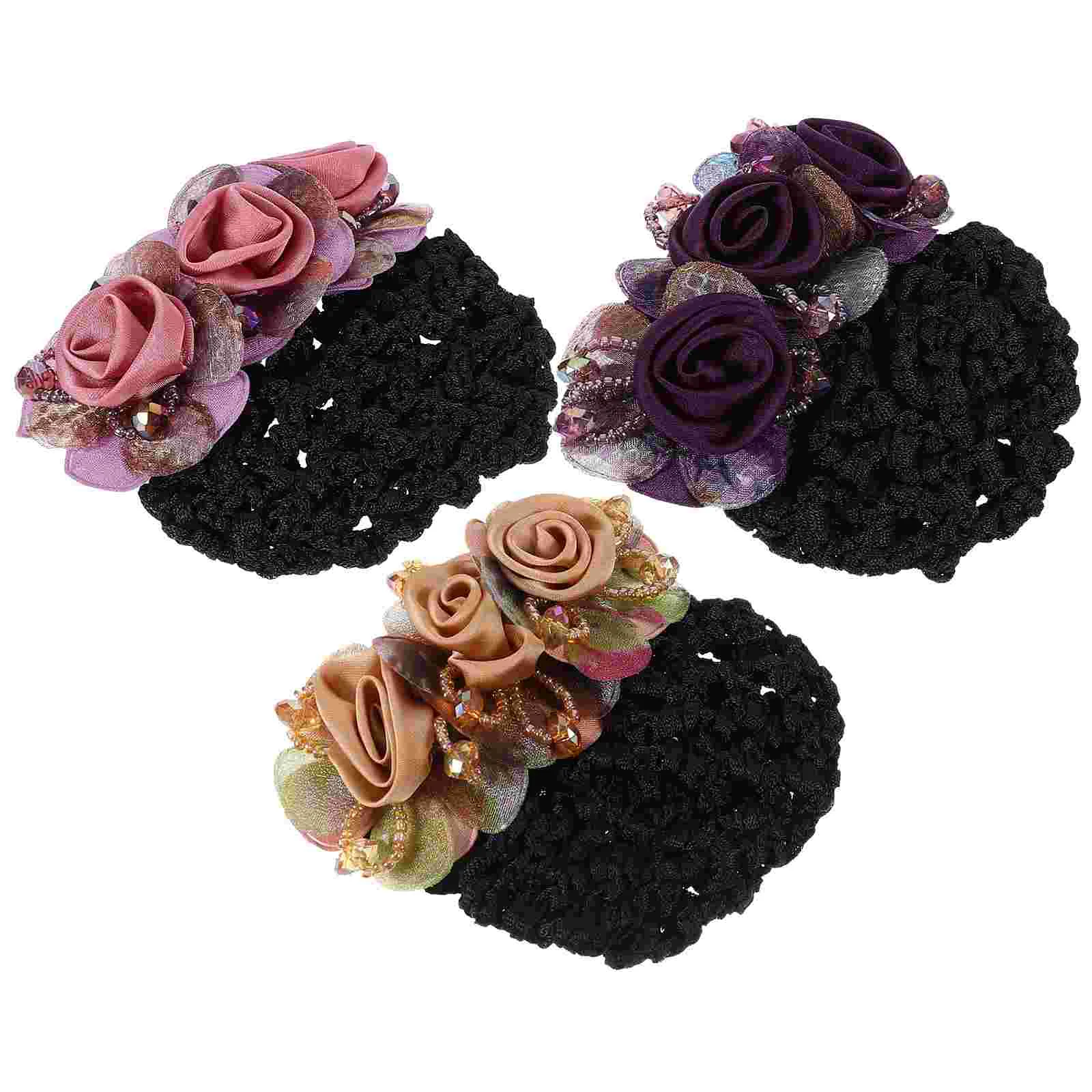 

3pcs Flower Hair Bun Covers Fabric Hair Net Clips Women Hair Accessories Nurse Hair Nets for Girls hair bun net