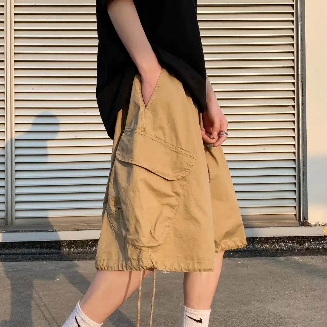 Khaki 7-point Men Summer Thin Japanese Workwear Wide-leg Loose Over-knee Shorts